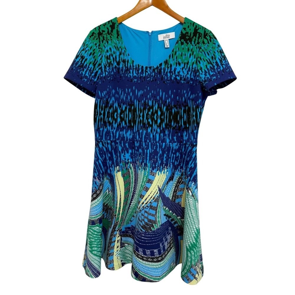 Belle Badgley Mischka Women Dress 14 Blue Green Abstract Fit Flare Art Deco Vaca